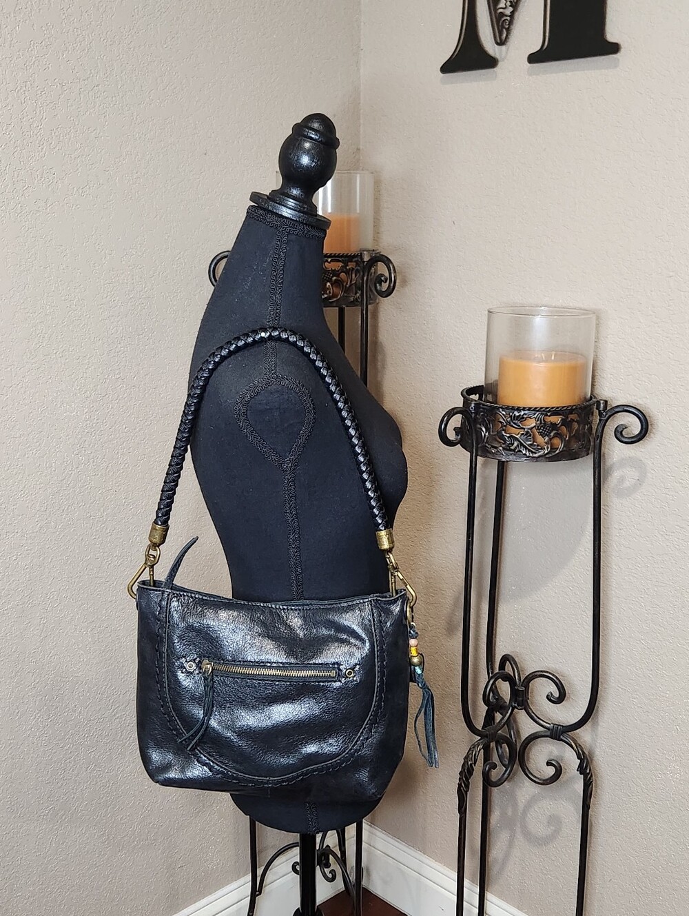 The Sak Black Indio Leather Demi Hobo Braided-Handle Shoulder Bag EUC